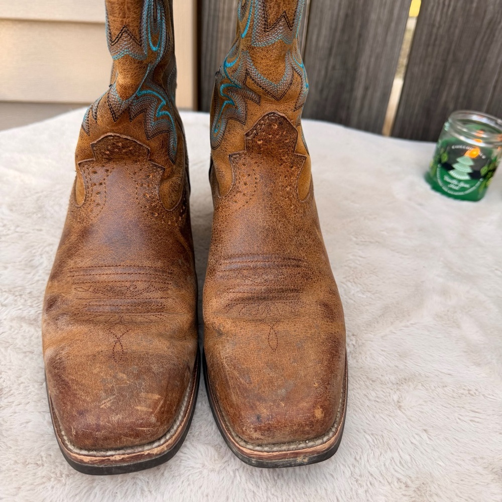 Justin Sevana Tan Western Cowboy Turquoise Brown Leather Boots Size 8.5 - Picture 7 of 11